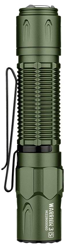 Green torch with clip, robust design for outdoor activities. Marking: 'Warrior 3S'. Suitable for tactical use.