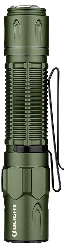 Green torch with clip, textured surface, vertically oriented. It displays the brand name 'Olight' in the bottom left.