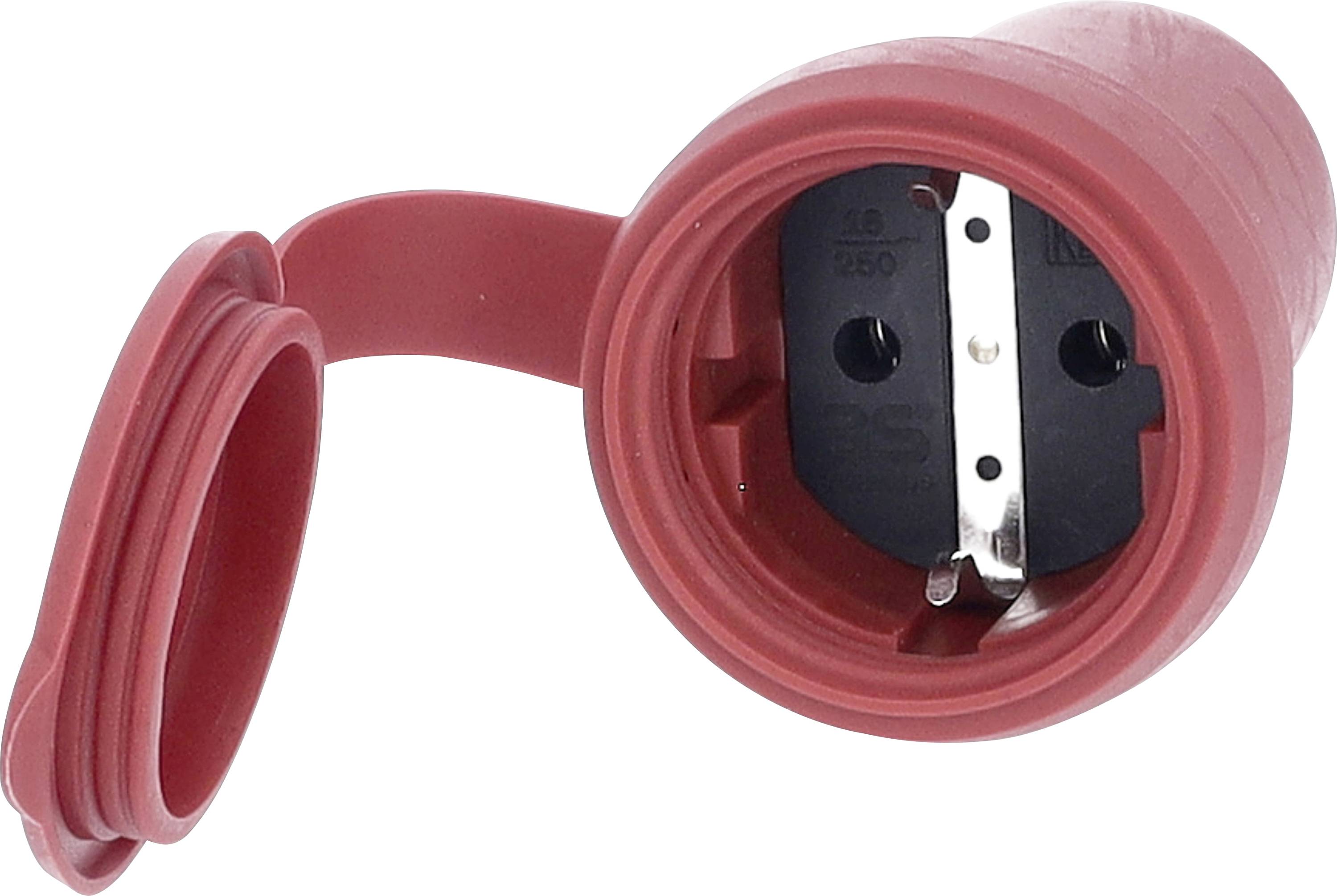 Electric socket with a red protective cover, suitable for industrial applications, shows the open rear side of the socket.