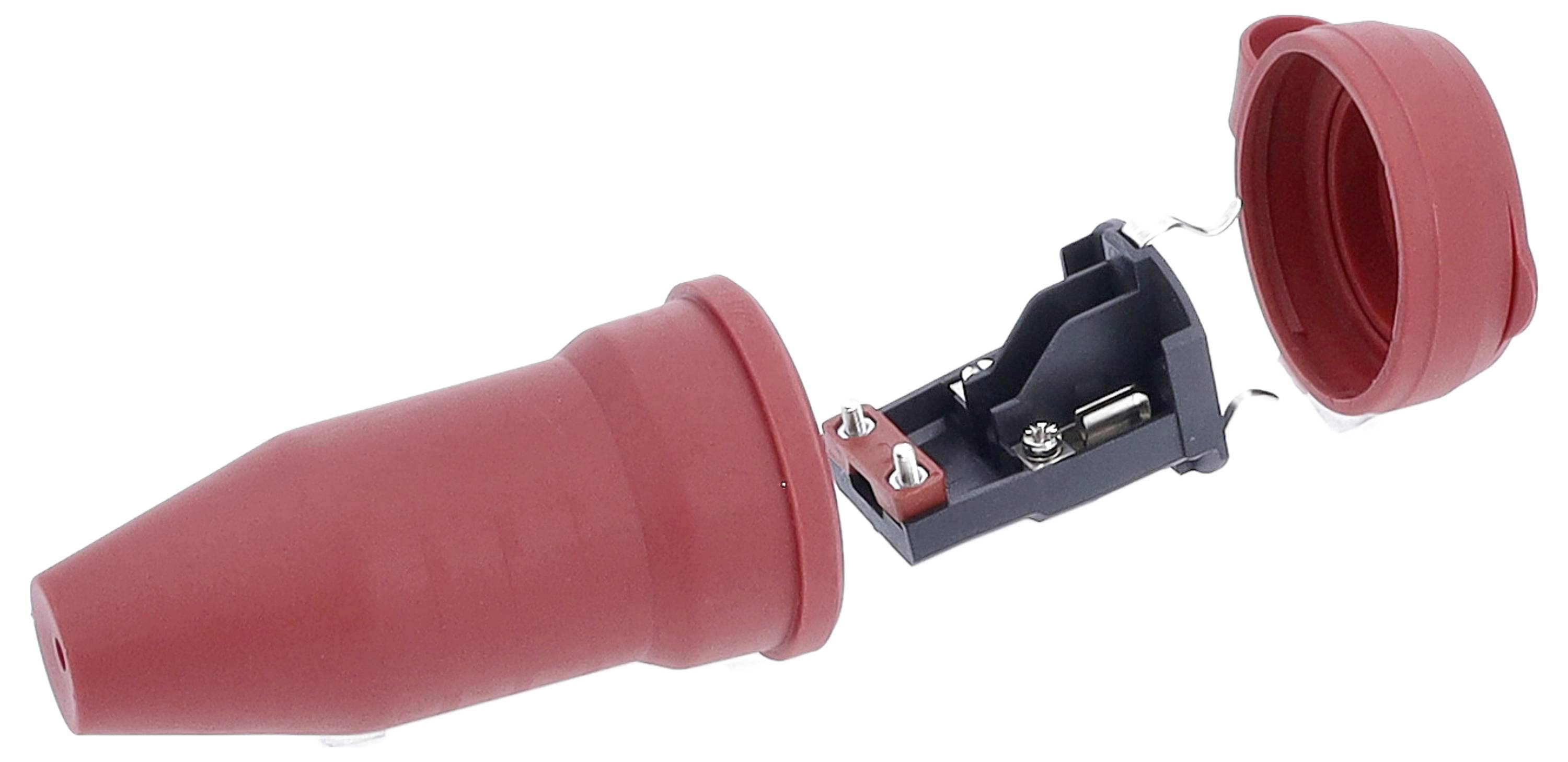 Red, two-pole electrical plug with a removable cover. Primarily used for industrial applications and electrical connections.