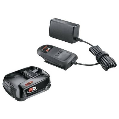 A Bosch battery charger and a Bosch battery for tools. The charger has a mains cable, and the battery features the Bosch logo.