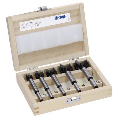 Five Forstner drill bits in a wooden box. Sizes are 15, 20, 25, 30 and 35 millimetres. Suitable for precise woodworking drilling.