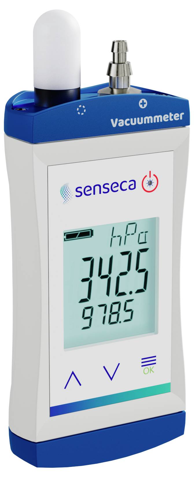 Portable vacuum metre device from Senseca displays values of '342.5 hPa' and '978.5' on the display.