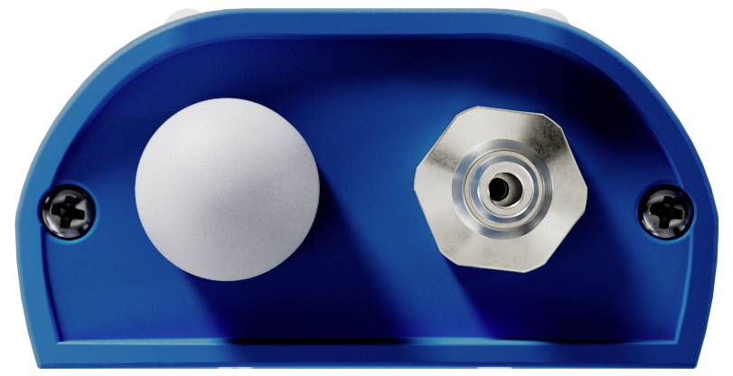 'Blue electronic device with two distinctive parts: a white button on the left and a silver port on the right.'