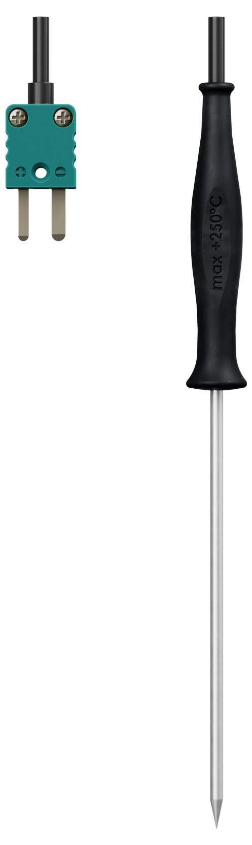 Temperature probe with a metal tip and black handle, connected with a green plug at the cable end.