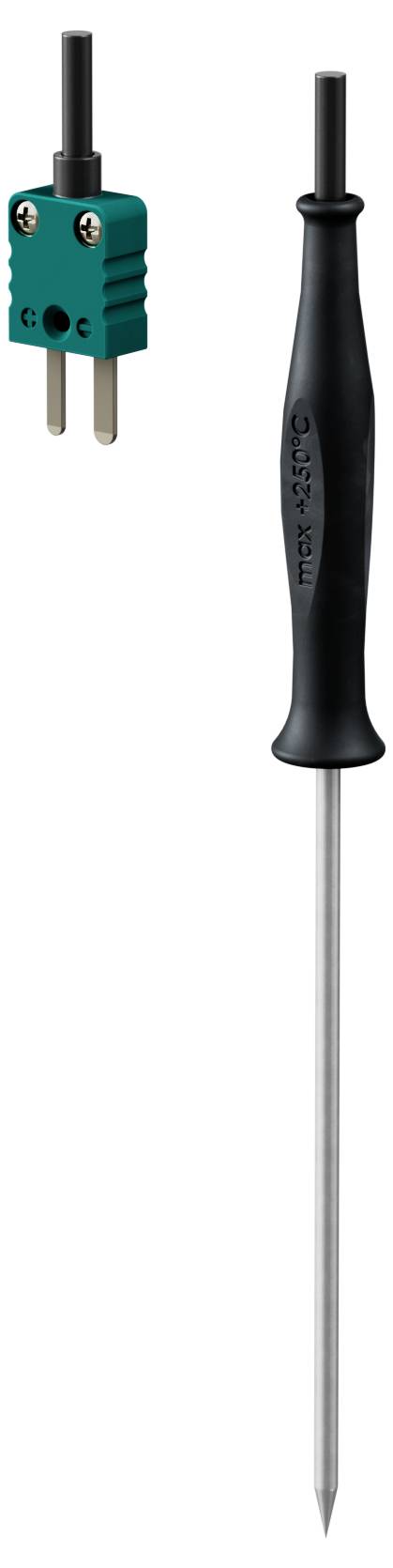 Stainless steel temperature sensor with green plug and black handle, suitable for temperature measurements in various applications.