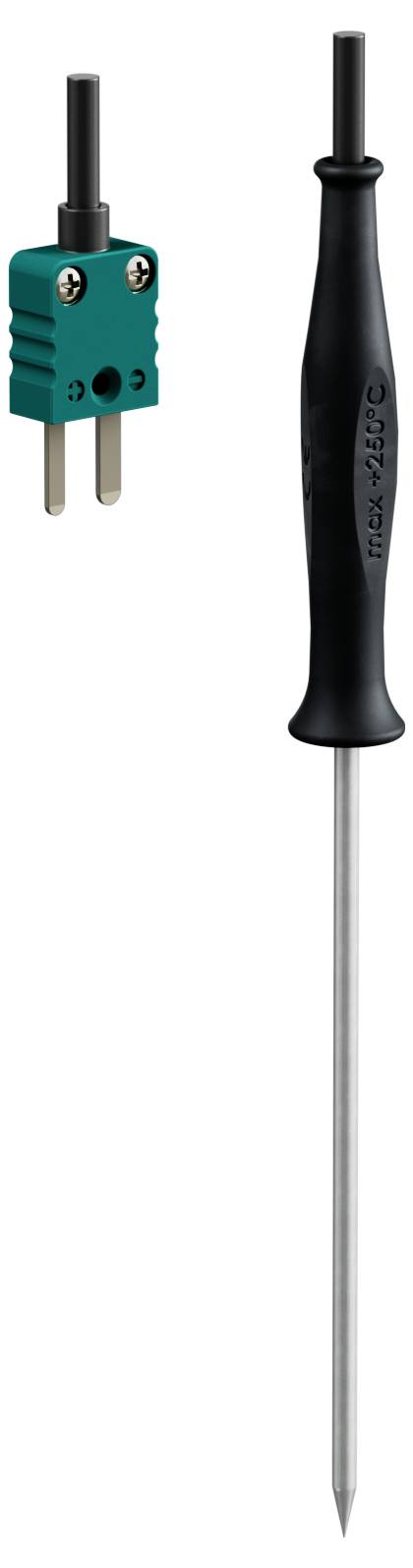A green jack plug and a black, long probe tip used for temperature measurements.