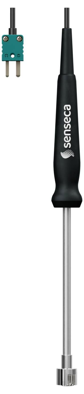 Temperature Probe Tool and Plug. Black handle with long metal probe, small green plug accessory on top.