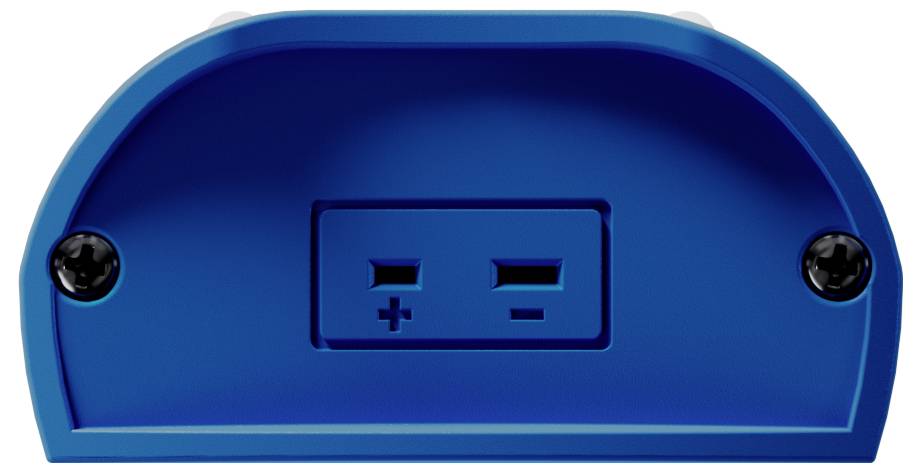 Blue toaster with two slots, top view.