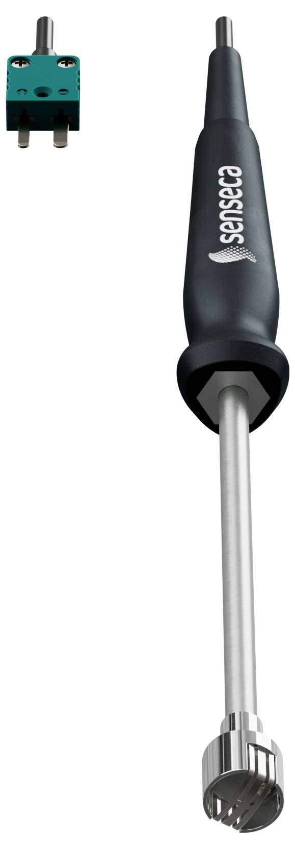 Thermocouple sensor with a dark grey handle and silver measuring tip. Small green connector at the top left.