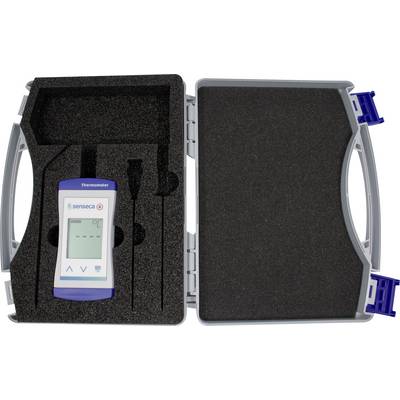 A digital thermometer in a protective foam-lined case, featuring a small display screen with buttons for navigation.