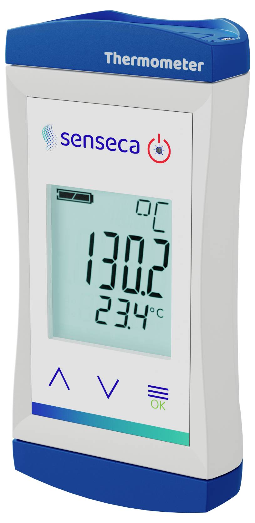 Digital thermometer displaying '130.2 °C' and '23.4 °C' on an LCD screen. White and blue casing with brand name 'senseca'.
