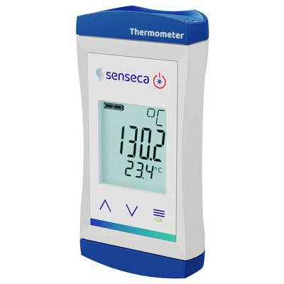 Digital thermometer displaying '130.2 °C' and '23.4 °C' on an LCD screen. White and blue casing with brand name 'senseca'.