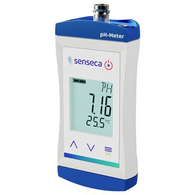 A digital pH meter showing 'pH 7.16' and temperature '25.5°C' on its display, labeled with the brand name 'senseca'.