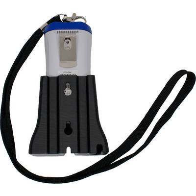 A portable electronic device with a blue and white surface, secured to a black mount and featuring a carrying strap.