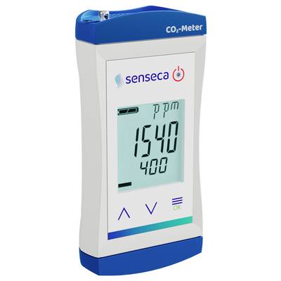 Handheld CO2 meter displaying '1540 ppm', used for measuring carbon dioxide levels in the air. Blue and white casing with simple controls.