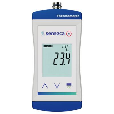 A handheld digital thermometer displaying a temperature of 23.4°C, with navigation buttons below the screen.