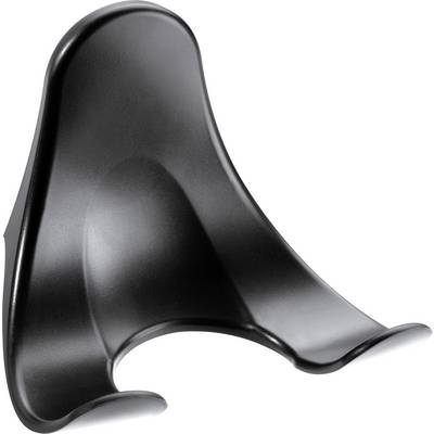 A black, ergonomic back support made of plastic with rounded edges and a curved shape to support the back.