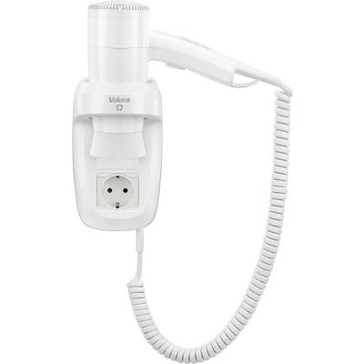 White wall-mounted hairdryer with integrated socket and spiral cable.