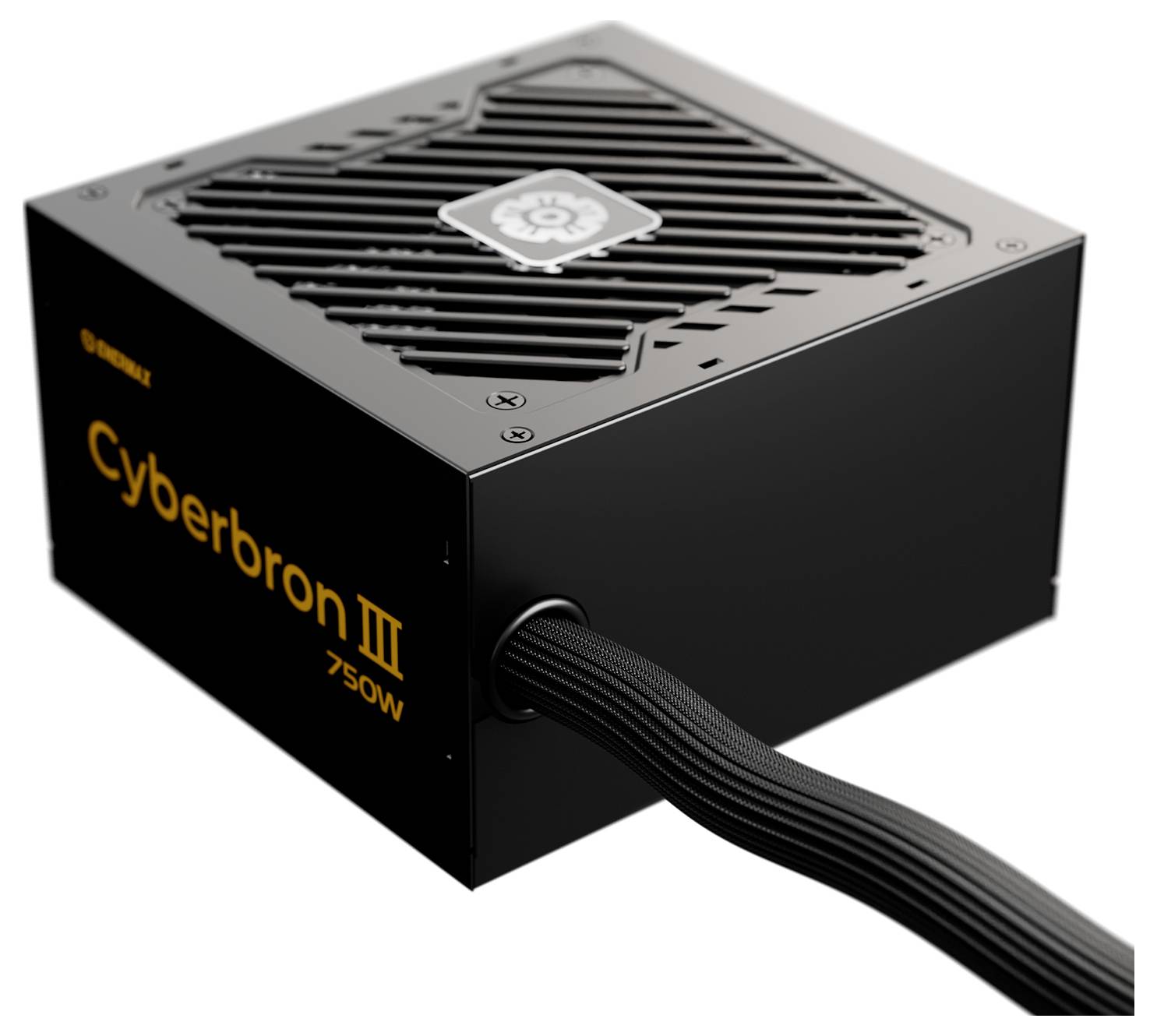 'Cyberbron III 750W' power supply unit, black with vented top panel, visible logo, and connected cable exiting the right side.