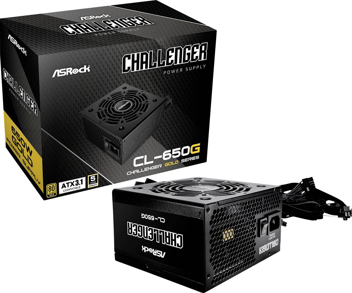 'ASRock Challenger CL-650G Gold' power supply with ATX3.1, 650W output and 80 Plus Gold certification, alongside its corresponding packaging.