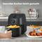 A hand retrieves chips from an air fryer. Text at the top: 'Healthy Cooking Made Simple'. Right side: Dishes, 80% less oil.