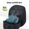 'Black lacquered air fryer with BPA-free logo, digital display and blue control light for safe cooking.'