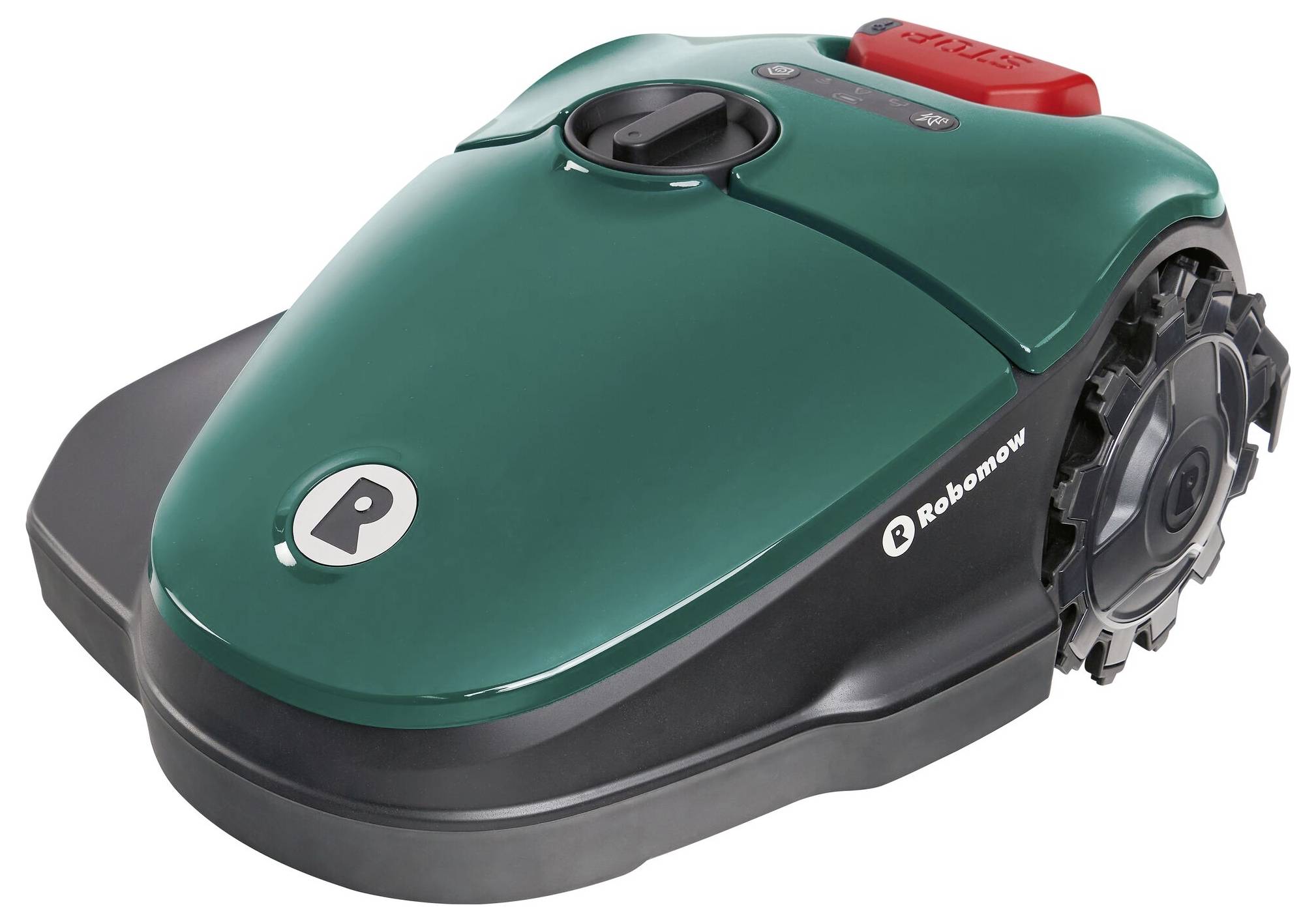 A green, compact lawn mowing robot with large wheels and a black base. It has a red control element on top.