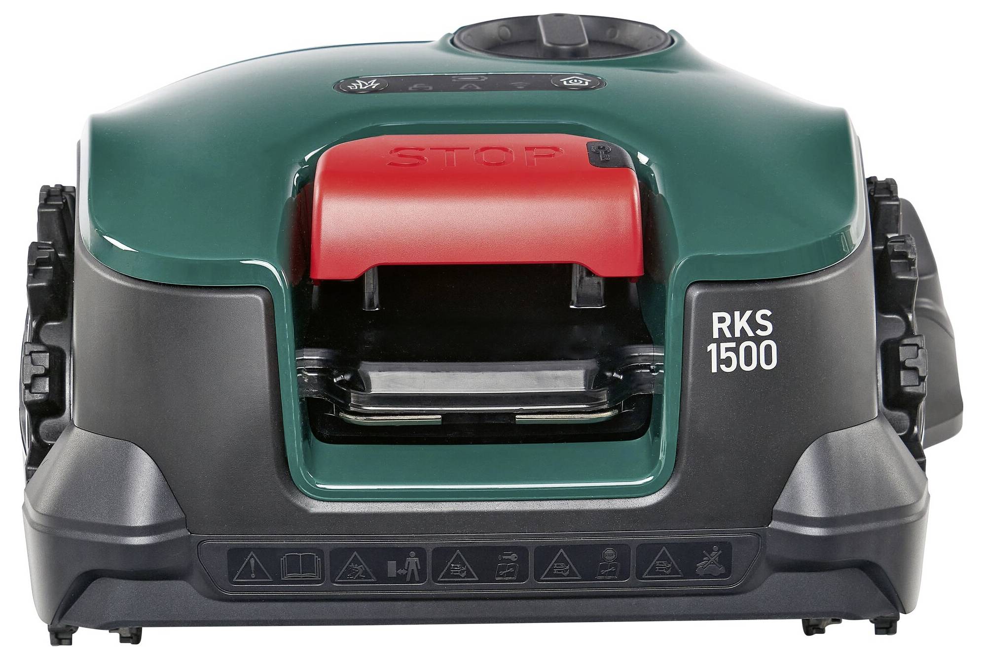 Lawn mower robot in green and black with a red 'STOP' button. Model number RKS 1500 visible on the right front side.