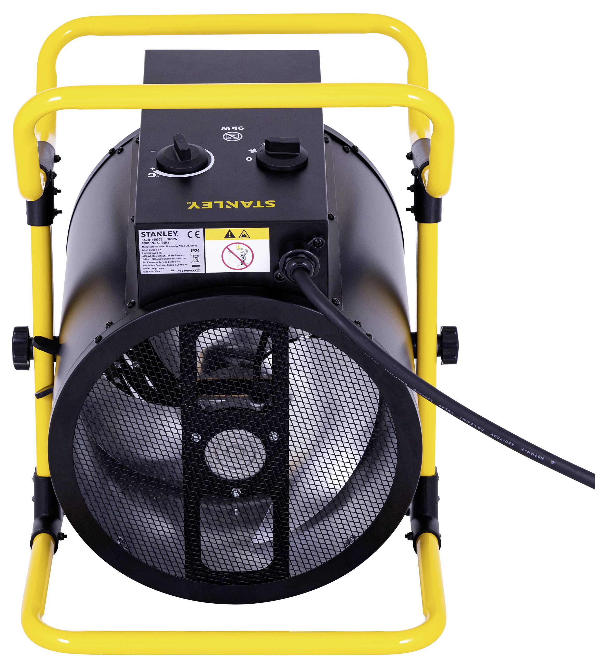 A black and yellow portable electric heater with a protective grill, positioned inside a yellow frame. Features power and temperature controls.