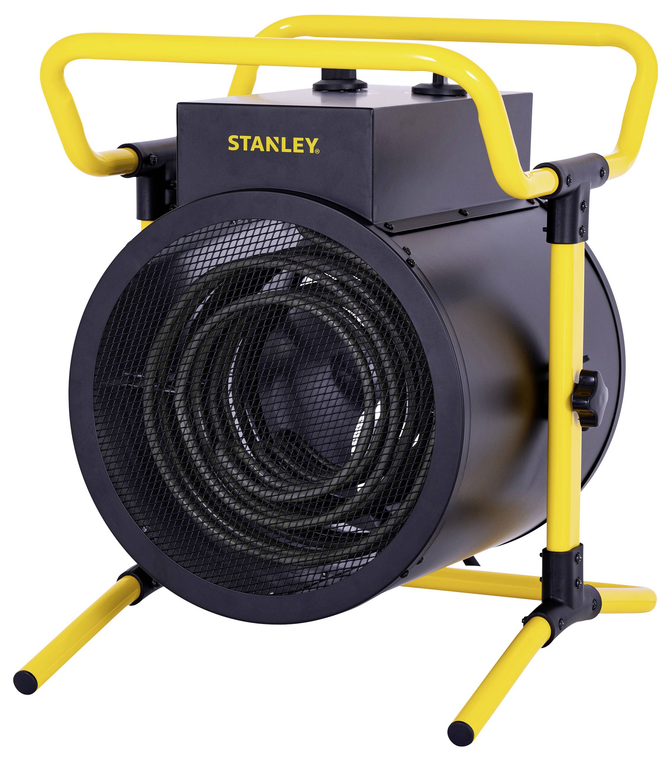 Industrial heater with yellow frame, black cylindrical body, and a protective mesh front, branded 'Stanley'.