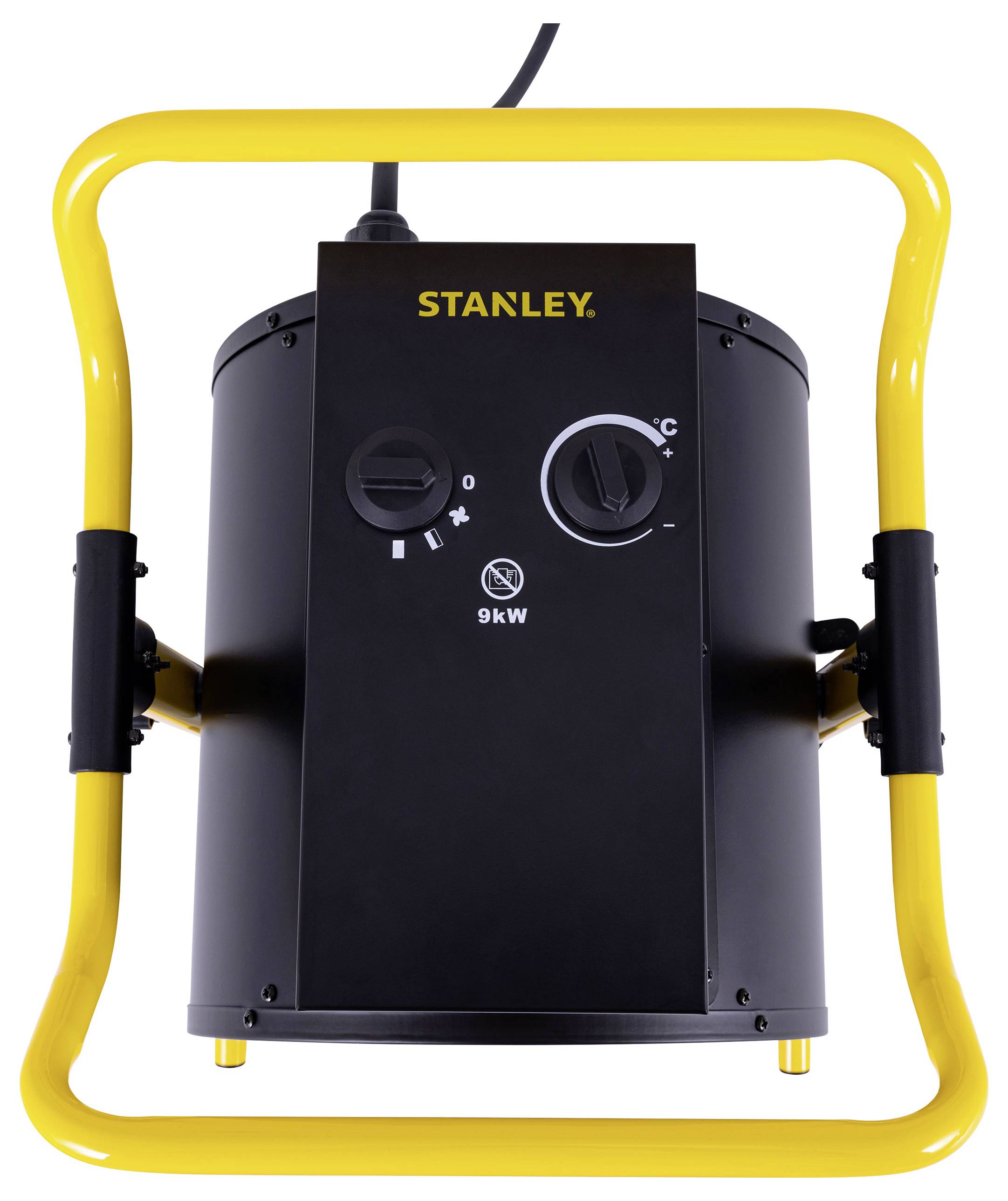 'Black electric heater with a yellow frame and adjustable temperature controls; brand marked as Stanley with 9kW power rating.'