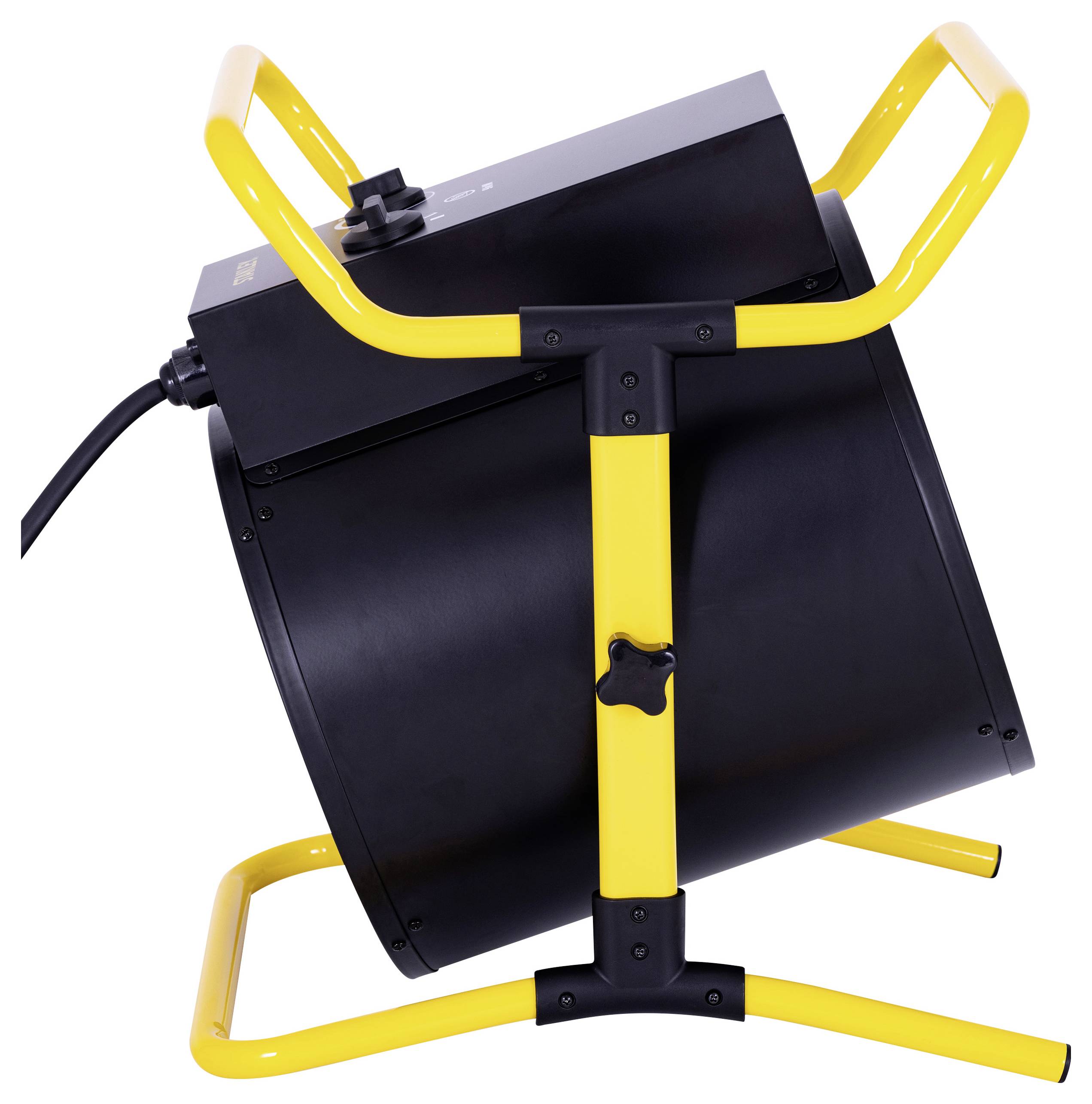 A portable industrial fan with a round black body and yellow frame, tilted to one side, designed for ventilation or drying purposes.