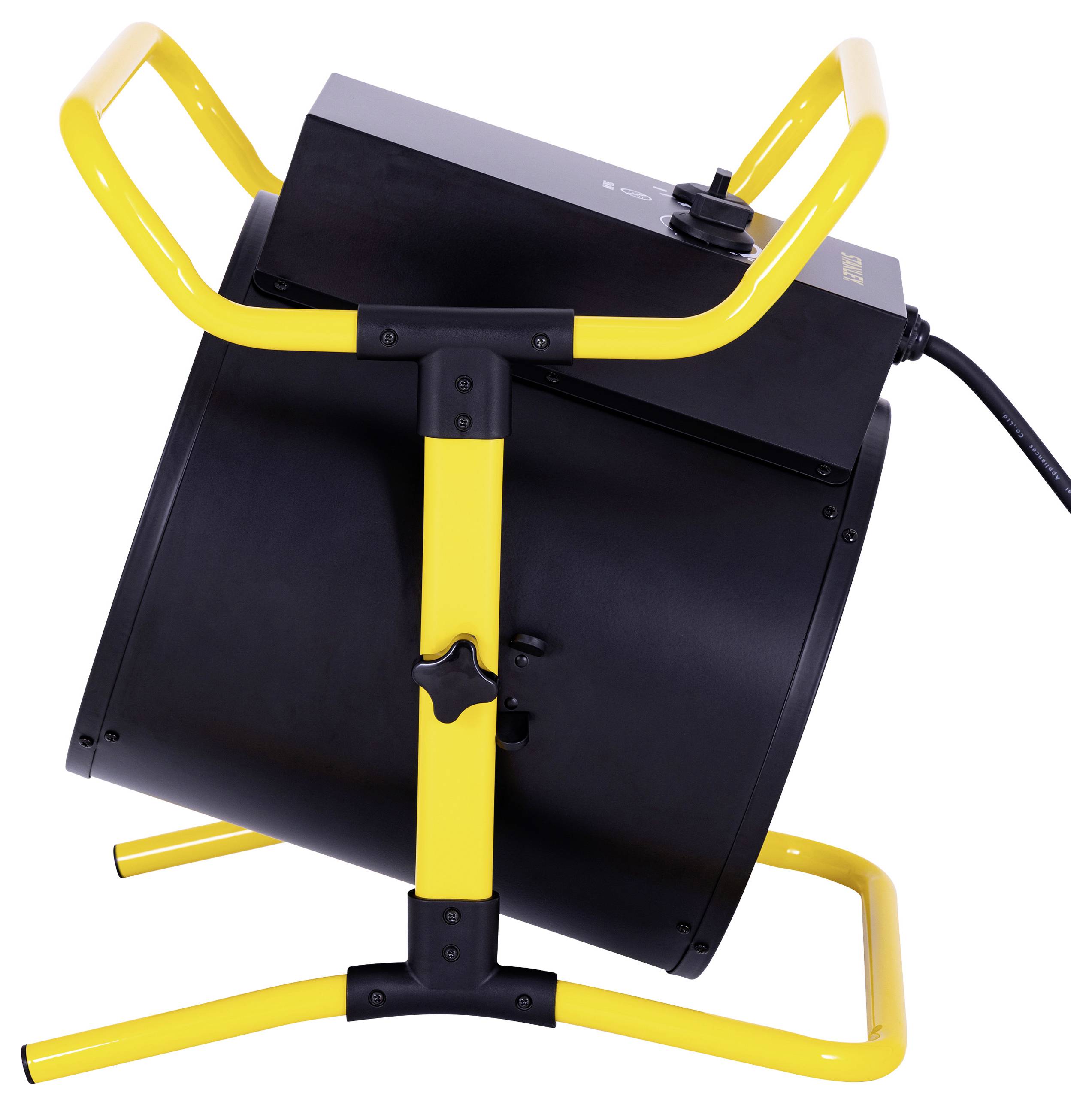 A large industrial heater with a black body and yellow frame, featuring a control knob, is positioned on a stand, ready for use.