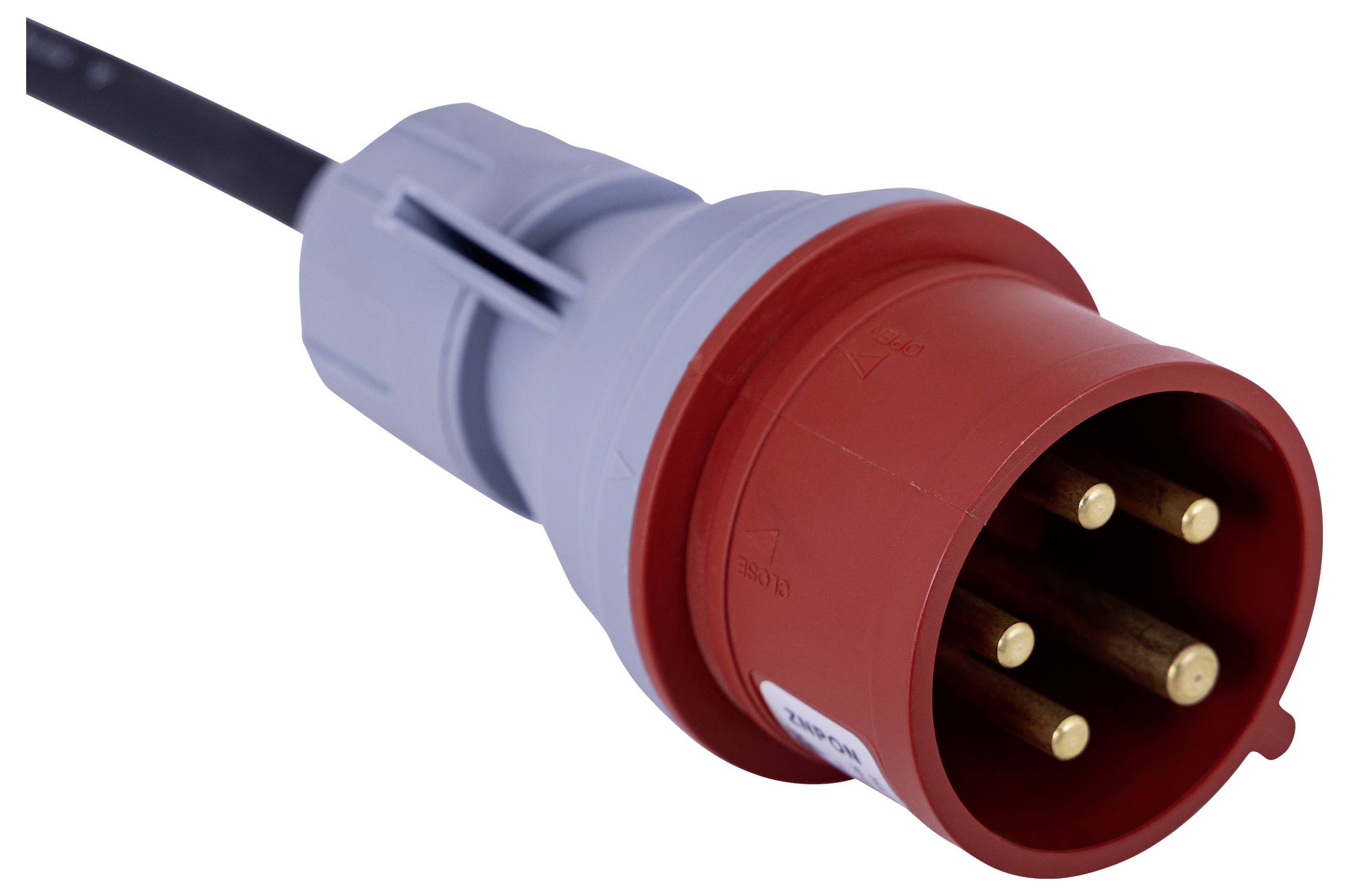 A red and gray industrial power plug with five metal prongs and a black cable, designed for high-voltage electrical connections.