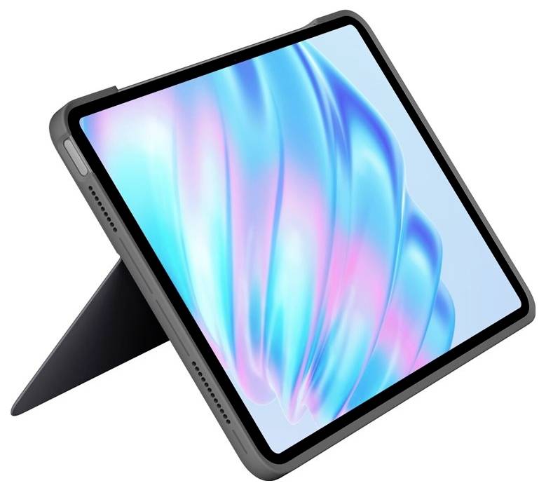 A tablet in a stand position. The screen displays an abstract artwork with blue and pink waves.