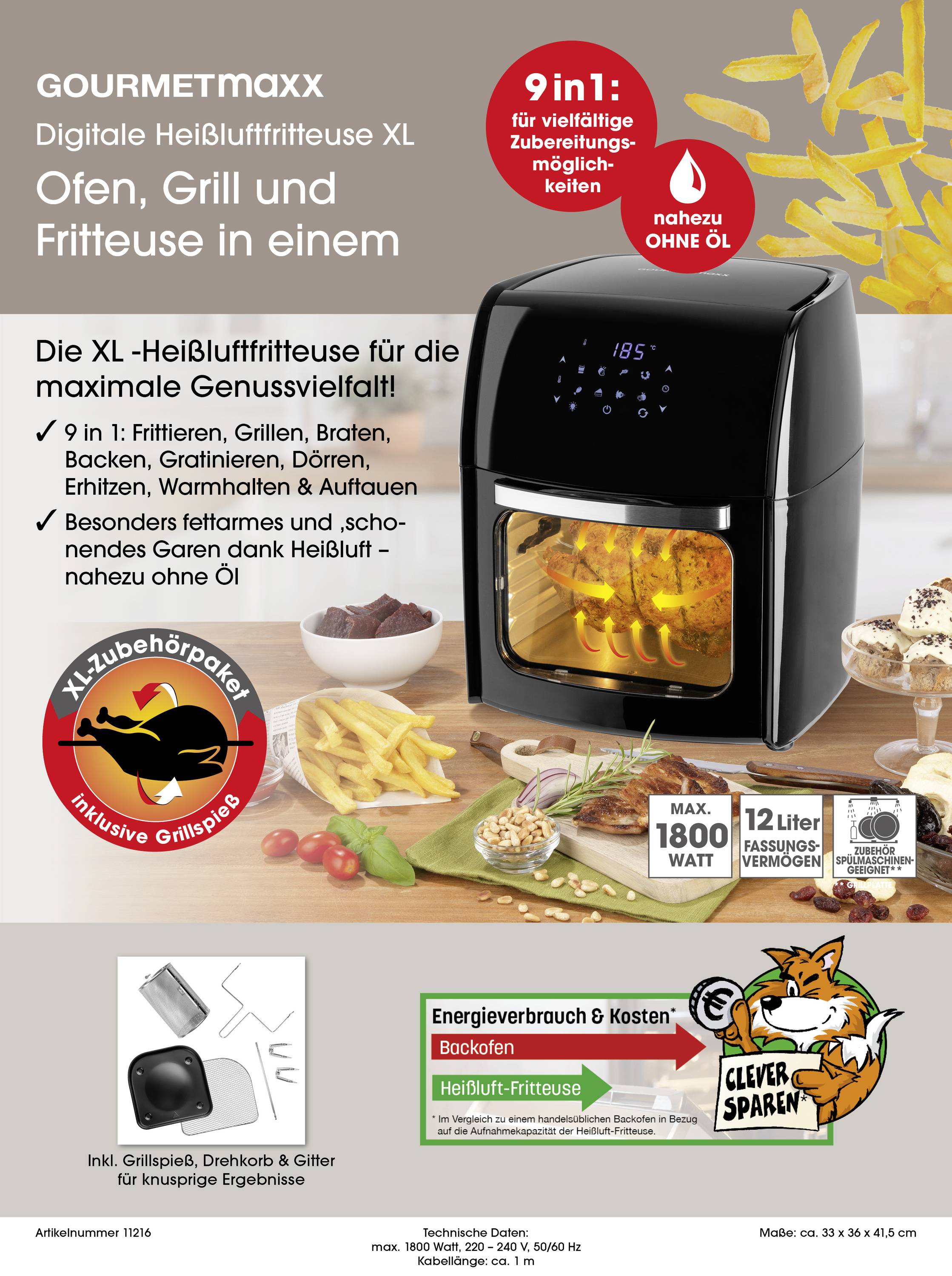 GourmetMaxx Hot air oven Timer function 12 l-15