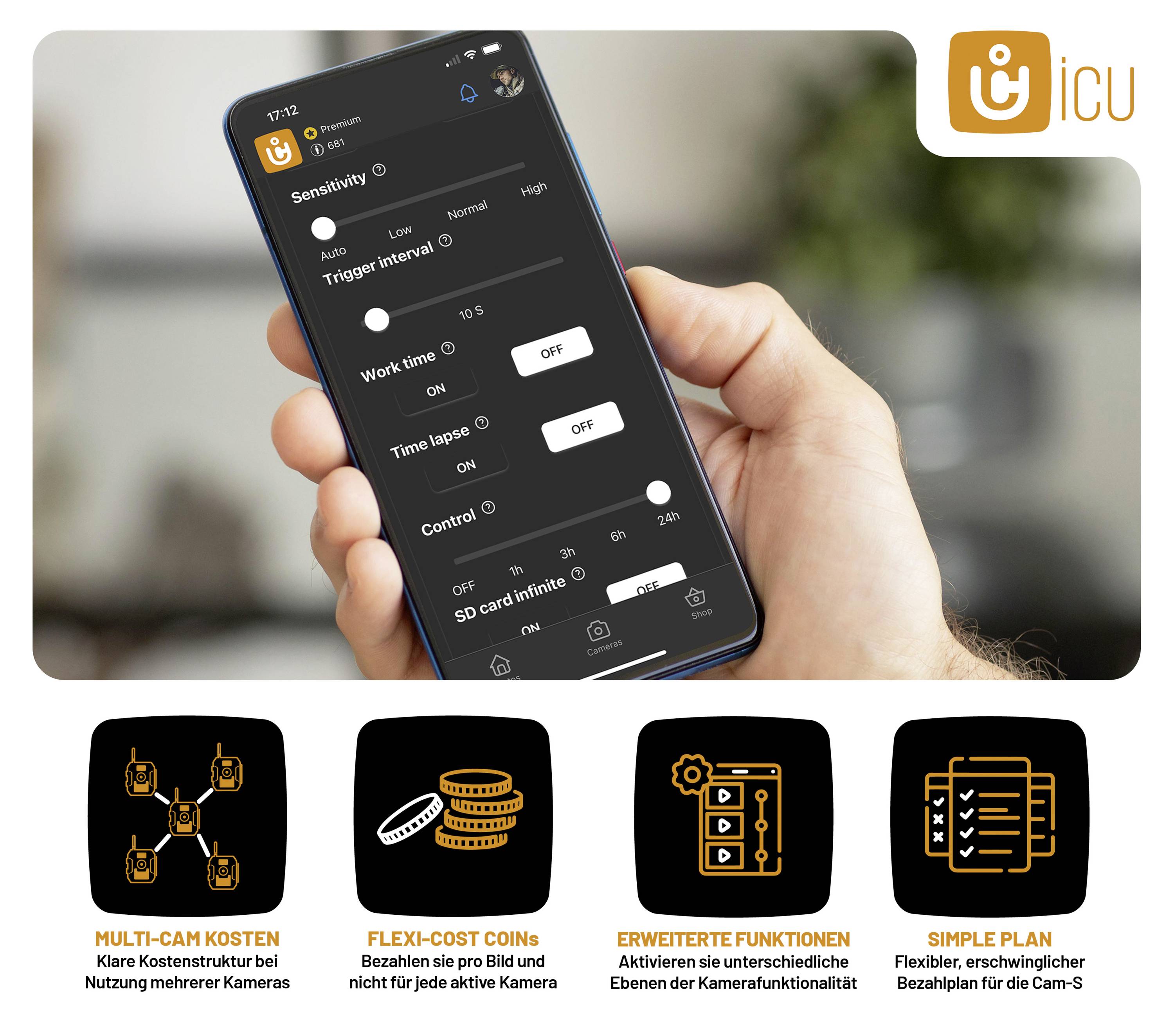 'Hand holding smartphone with open app, displaying camera settings. Below are symbols: Multi-Cam, Flexi-Cost, advanced features, simple plan.'