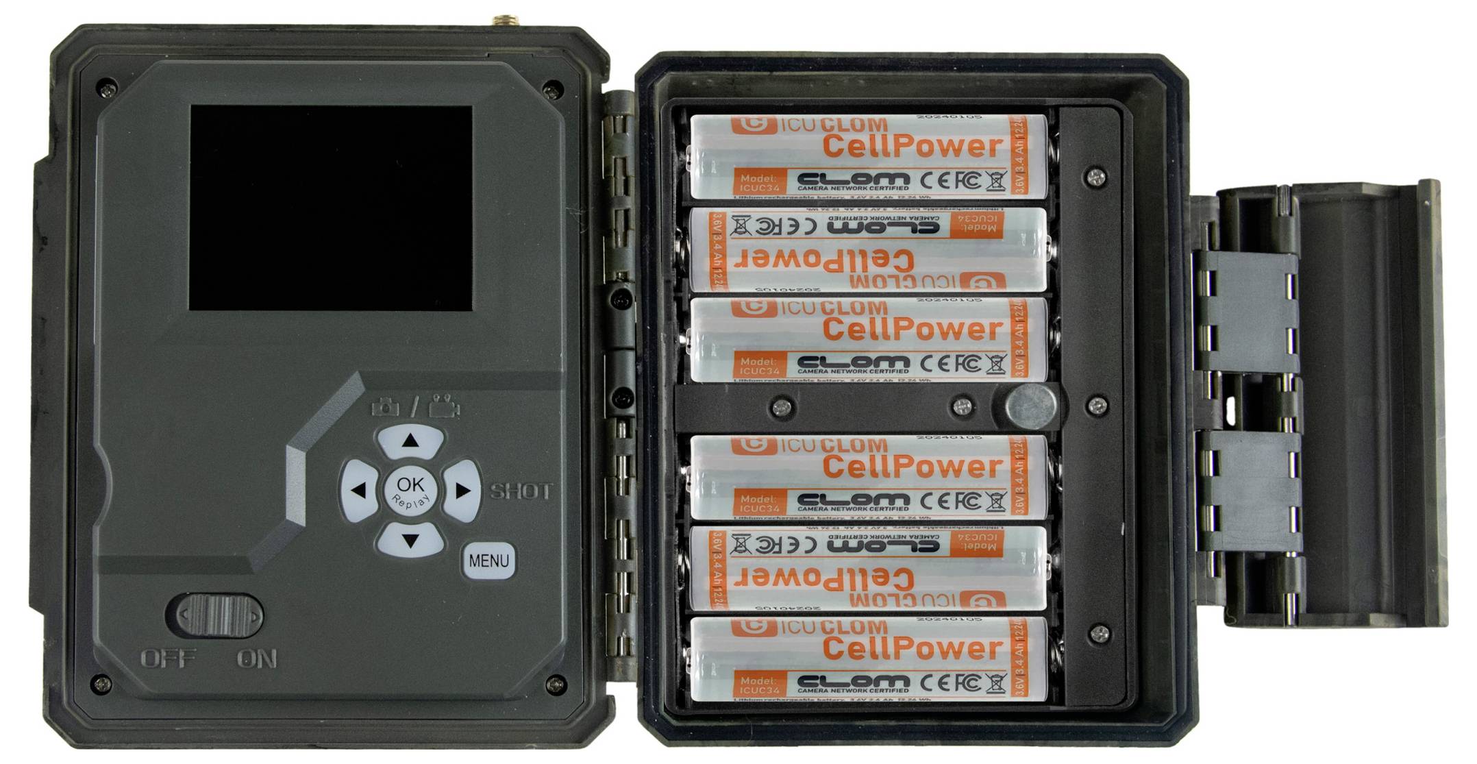 Wildlife camera with an open battery compartment containing six AA batteries. On the left are the display and control buttons.