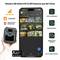 'Mobile screen showing CLON App for remote camera control. Functions: Instant notifications, battery status, image and video display.'