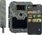 A camouflage trail camera next to a smartphone. Wildlife images captured by the camera are displayed on the smartphone screen.