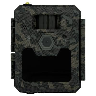A camouflage trail camera with a lens in the centre and motion sensor, suitable for outdoor wildlife observation.