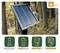 A solar panel is charging in the forest. Below are four symbols with labels describing battery types and runtime performance for ICU products.