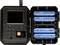 Camera with battery compartment open. Display and buttons on the left, six blue batteries in two rows.