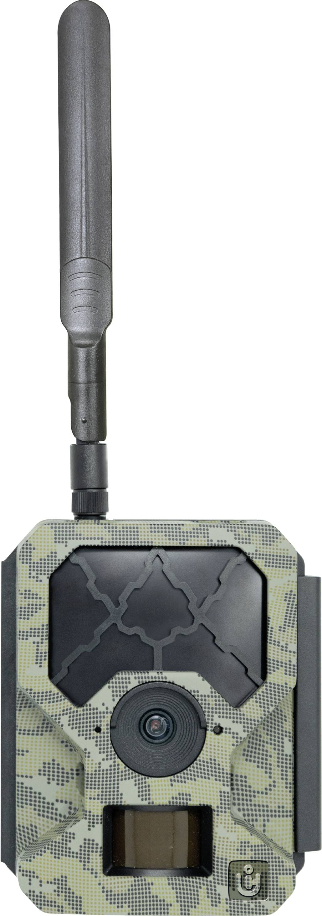 Wildlife camera with camouflage pattern, large antenna and lens in the centre, suitable for monitoring in nature.