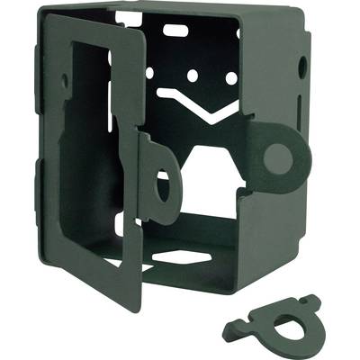A green, rectangular metal case with a hinge and side-mounted latches, partially open; a removable part beside it.