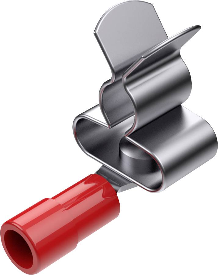 Metal clip with a red plastic handle, possibly an electrical connector or automotive component, on a neutral background.