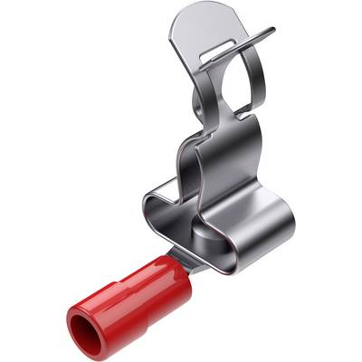 A metal clip with a red plastic end, likely used for fastening or insulation in electrical applications.