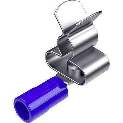 Metal clip with a blue plastic handle, used for closing or holding objects, shows no specific application.