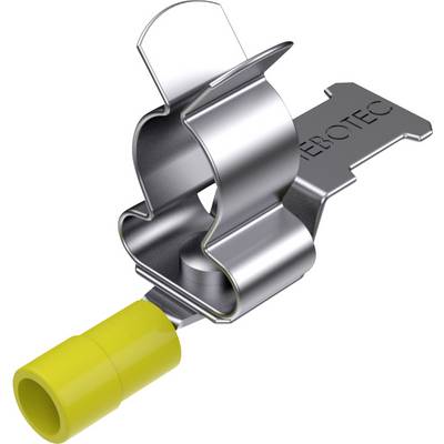 Metal cable clip with yellow plastic insulation at one end. Designed for secure cable attachment.